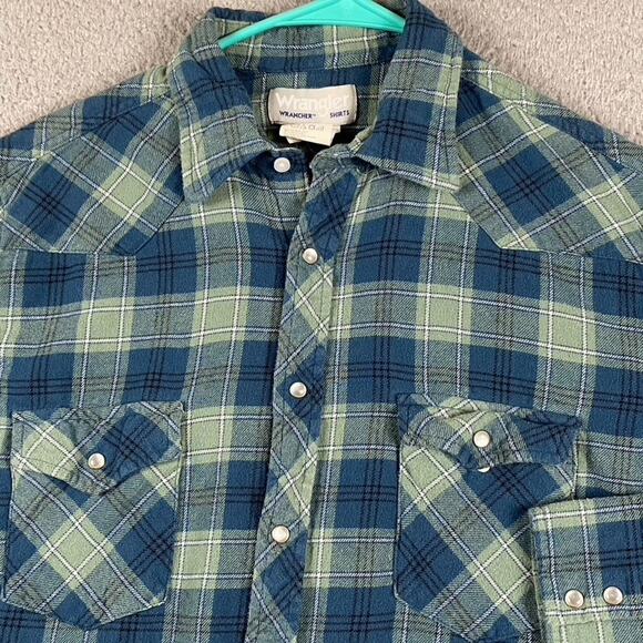 Wrangler Wrancher Flannel Pearl Snap Shirt Men's Large Green Blue Plaid Western - Picture 3 of 7